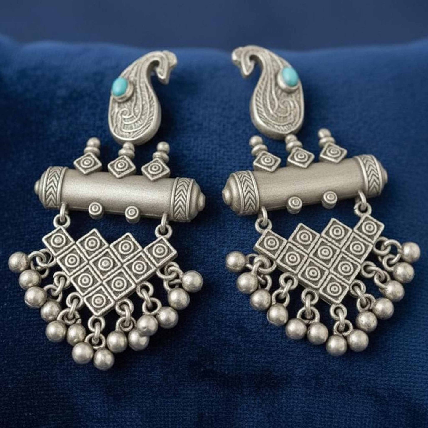 Paisley Motif Oxidised Statement Drop Earrings with Beaded Fringe