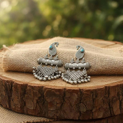 Paisley Motif Oxidised Statement Drop Earrings with Beaded Fringe