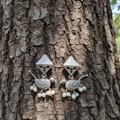 Parrot Pearl Drop German Silver Earrings – Ethnic Statement Studs