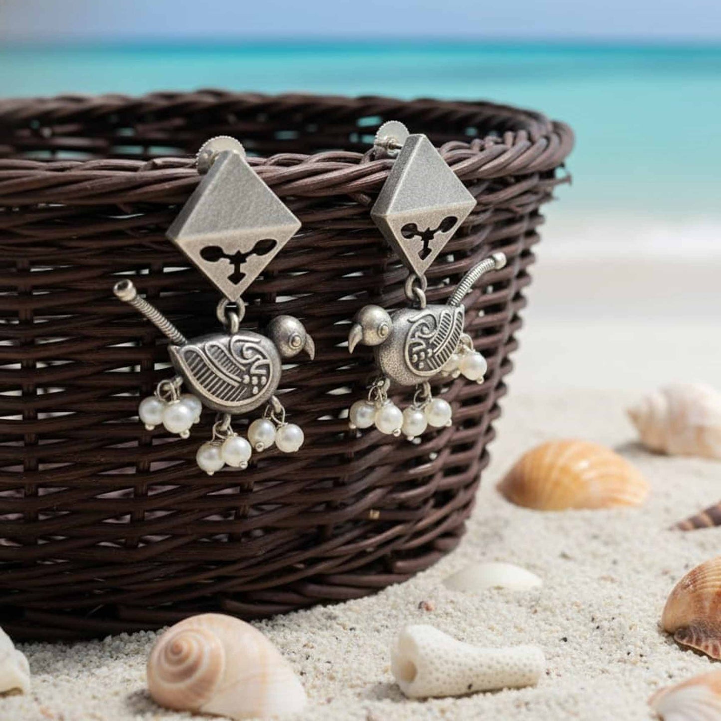 Parrot Pearl Drop German Silver Earrings – Ethnic Statement Studs