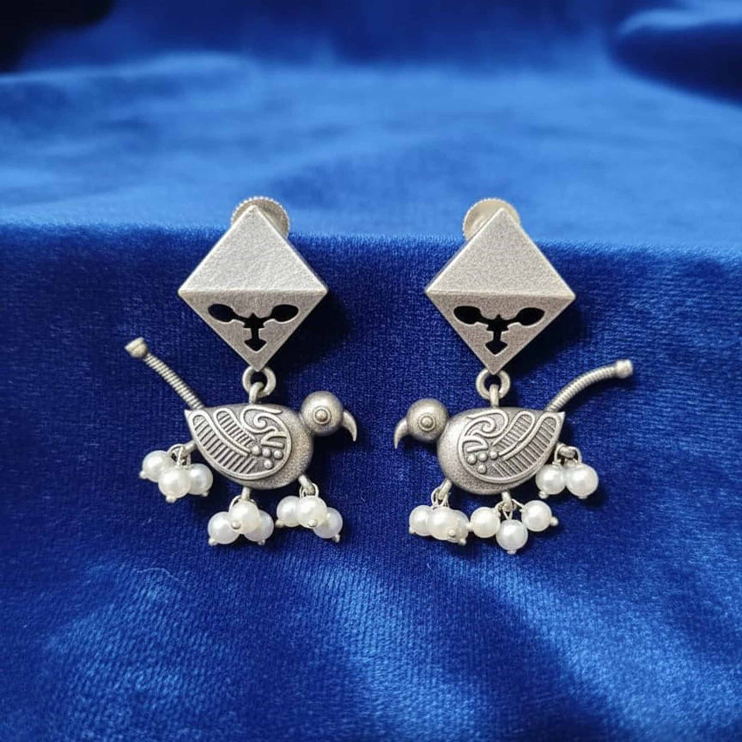 Parrot Pearl Drop German Silver Earrings – Ethnic Statement Studs