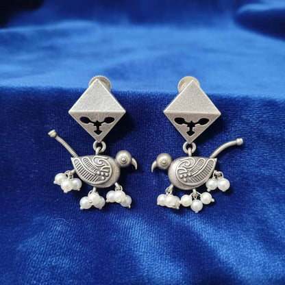 Parrot Pearl Drop German Silver Earrings – Ethnic Statement Studs
