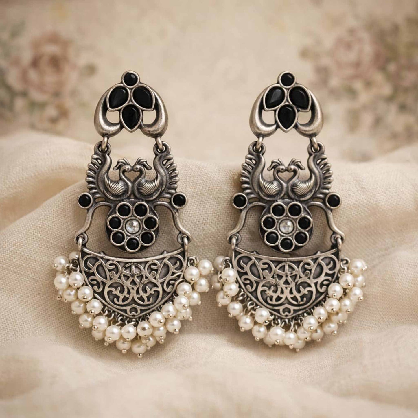 Antique Peacock Motif Pearl Drop Statement Earrings