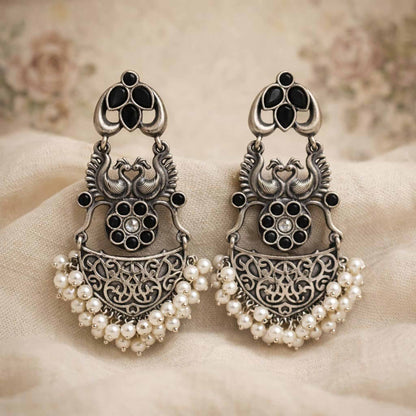Antique Peacock Motif Pearl Drop Statement Earrings