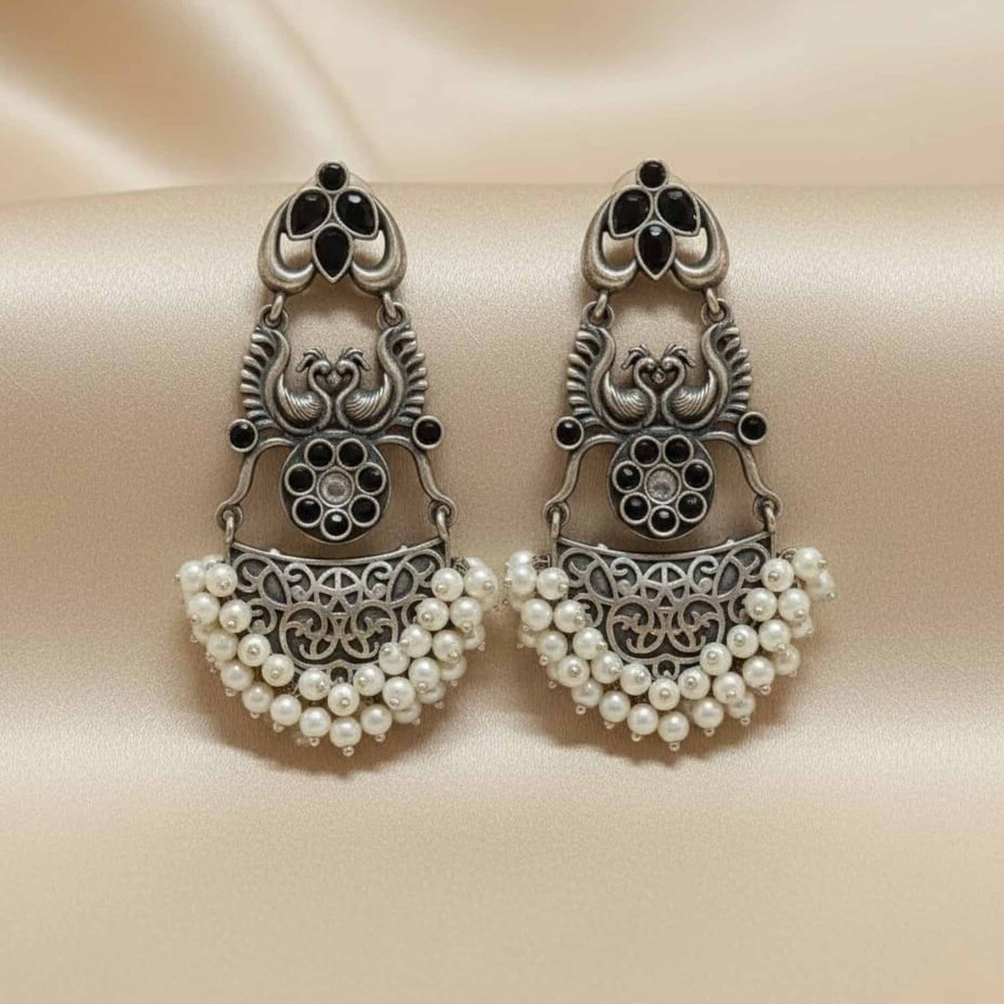 Antique Peacock Motif Pearl Drop Statement Earrings