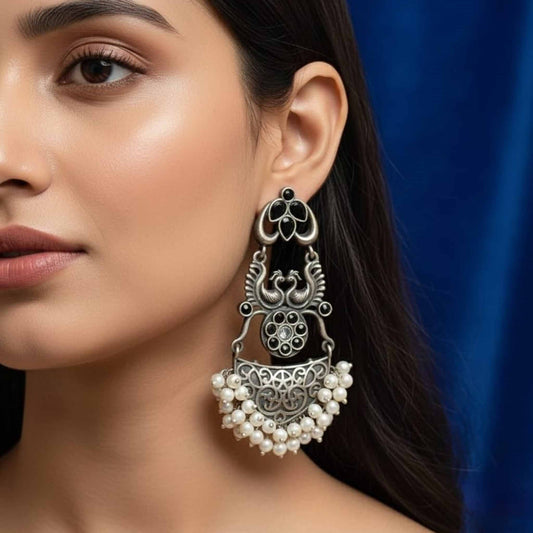Antique Peacock Motif Pearl Drop Statement Earrings