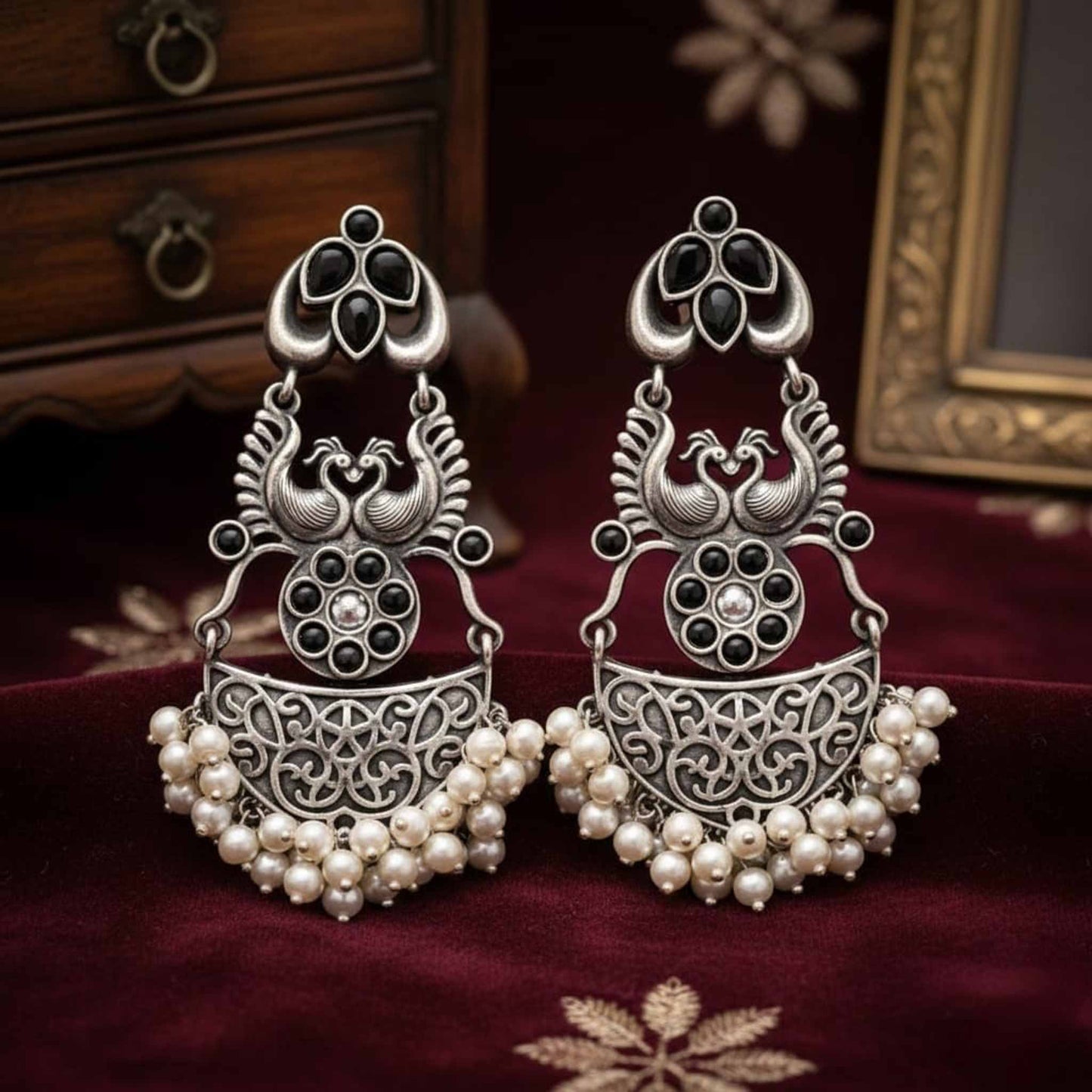 Antique Peacock Motif Pearl Drop Statement Earrings