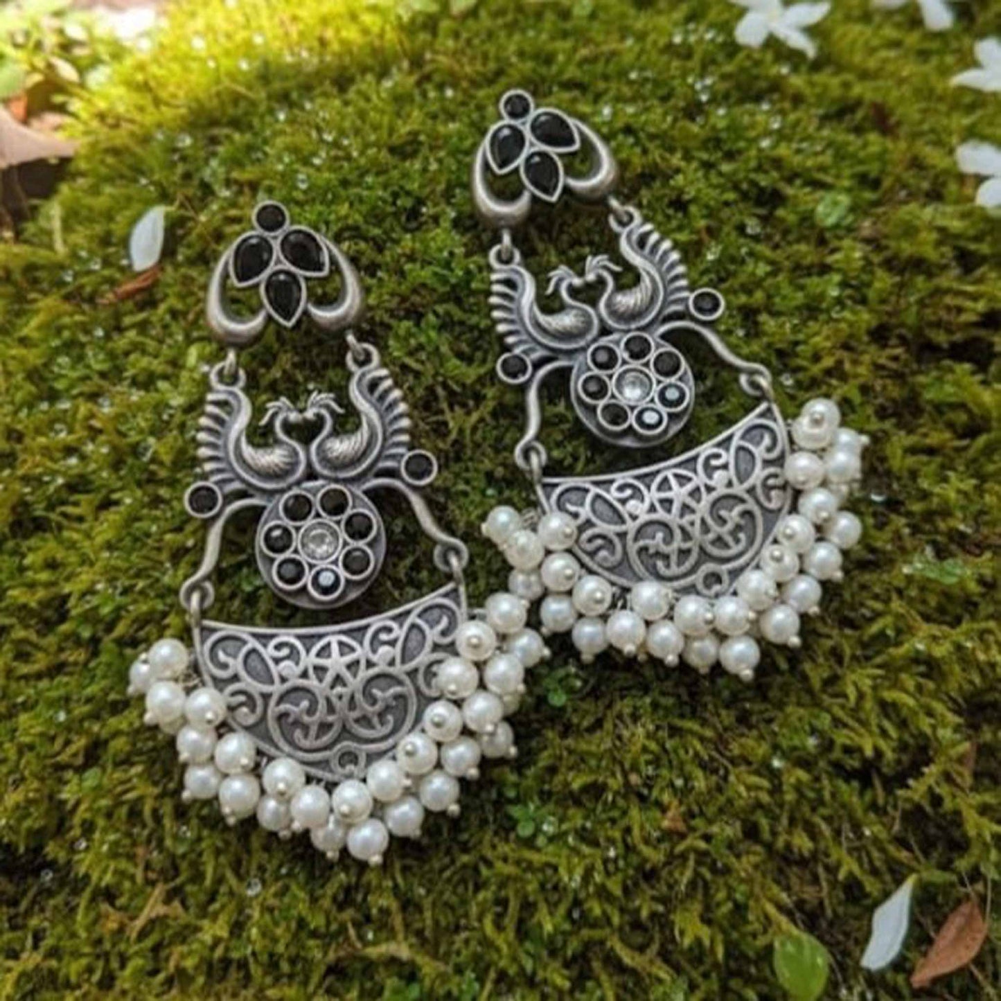 Antique Peacock Motif Pearl Drop Statement Earrings