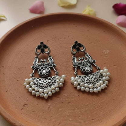 Antique Peacock Motif Pearl Drop Statement Earrings