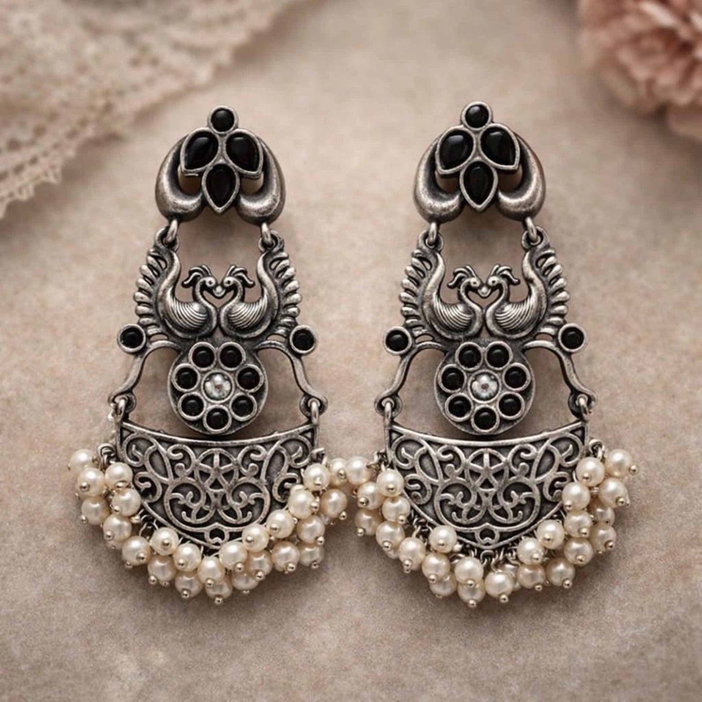 Antique Peacock Motif Pearl Drop Statement Earrings