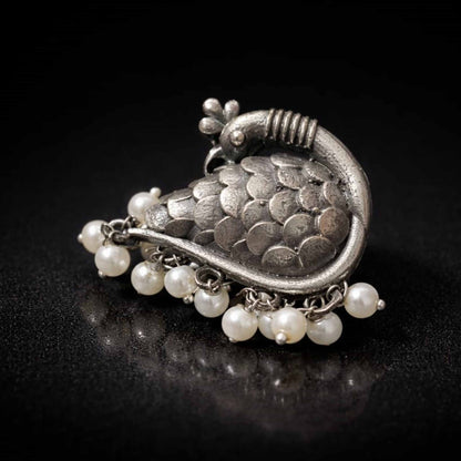Peacock Design German Silver Statement Ring with Pearl Drops