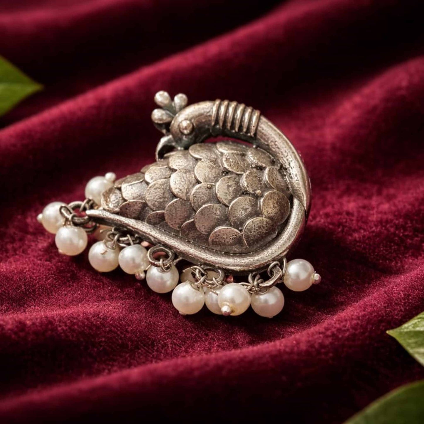 Peacock Design German Silver Statement Ring with Pearl Drops