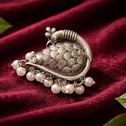 Peacock Design German Silver Statement Ring with Pearl Drops