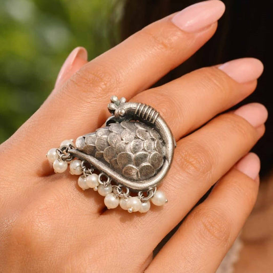 Peacock Design German Silver Statement Ring with Pearl Drops