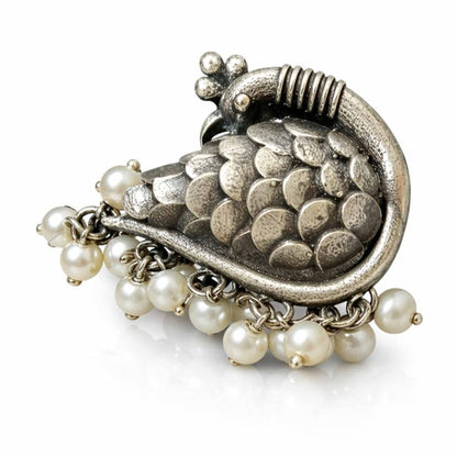 Peacock Design German Silver Statement Ring with Pearl Drops