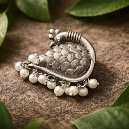Peacock Design German Silver Statement Ring with Pearl Drops