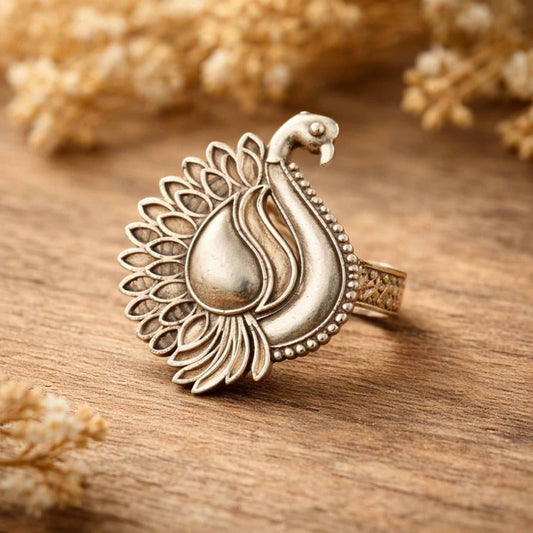 Peacock Design German Silver Statement Ring for Women