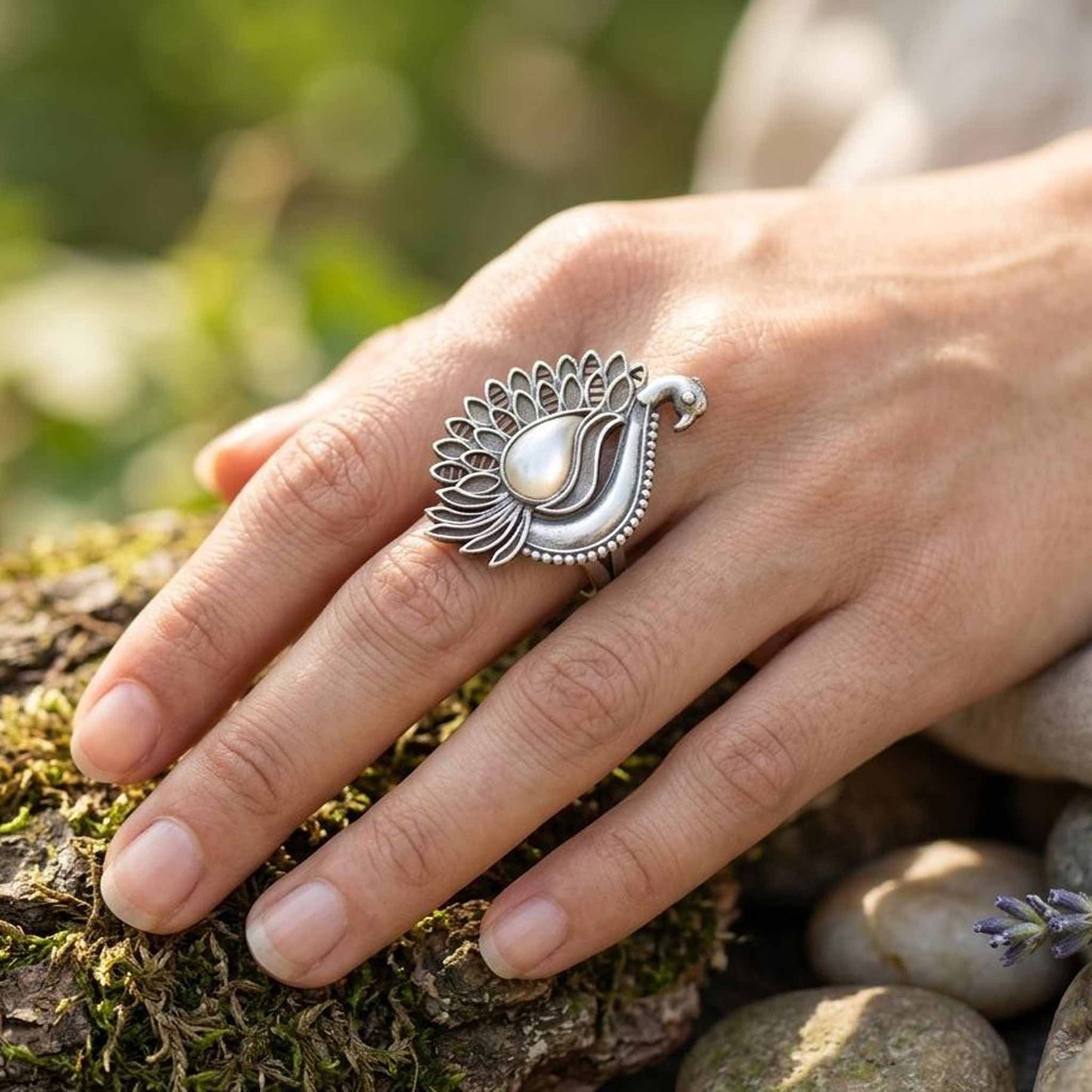 Peacock Design German Silver Statement Ring for Women