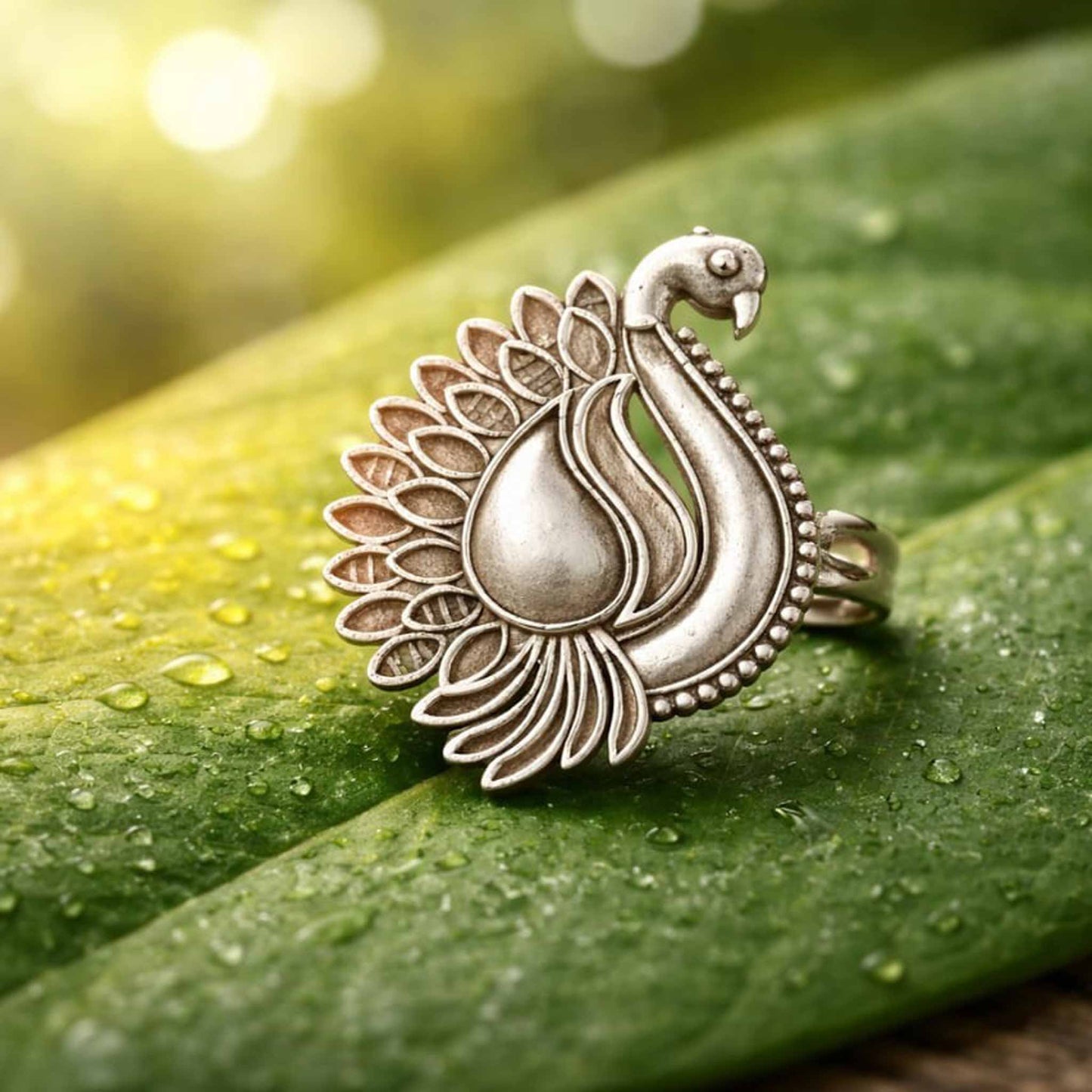 Peacock Design German Silver Statement Ring for Women