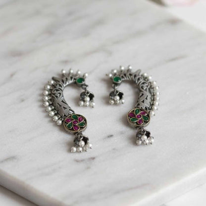 Traditional Crescent Floral Cuff Earrings with Pearl Drops