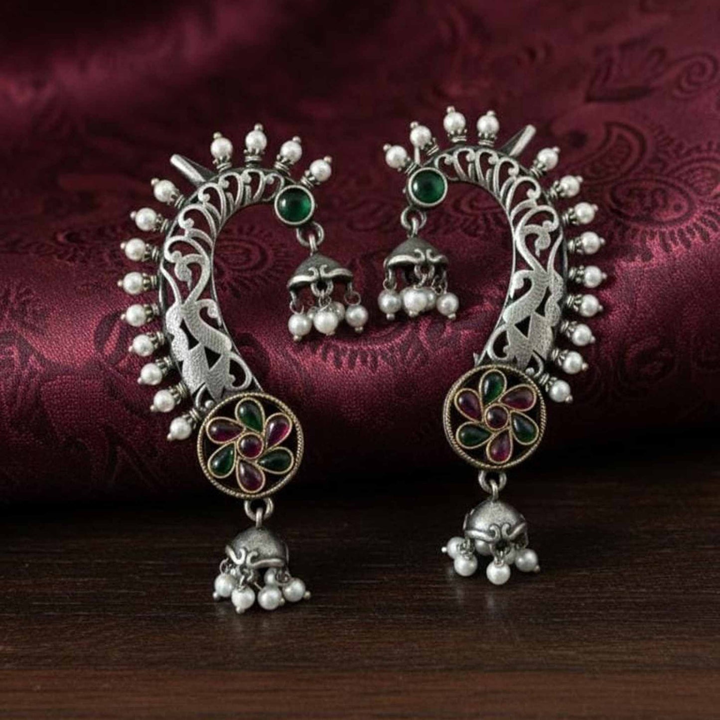 Traditional Crescent Floral Cuff Earrings with Pearl Drops