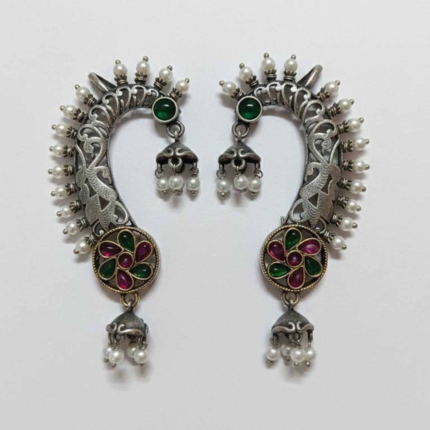 Traditional Crescent Floral Cuff Earrings with Pearl Drops
