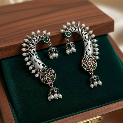 Traditional Crescent Floral Cuff Earrings with Pearl Drops