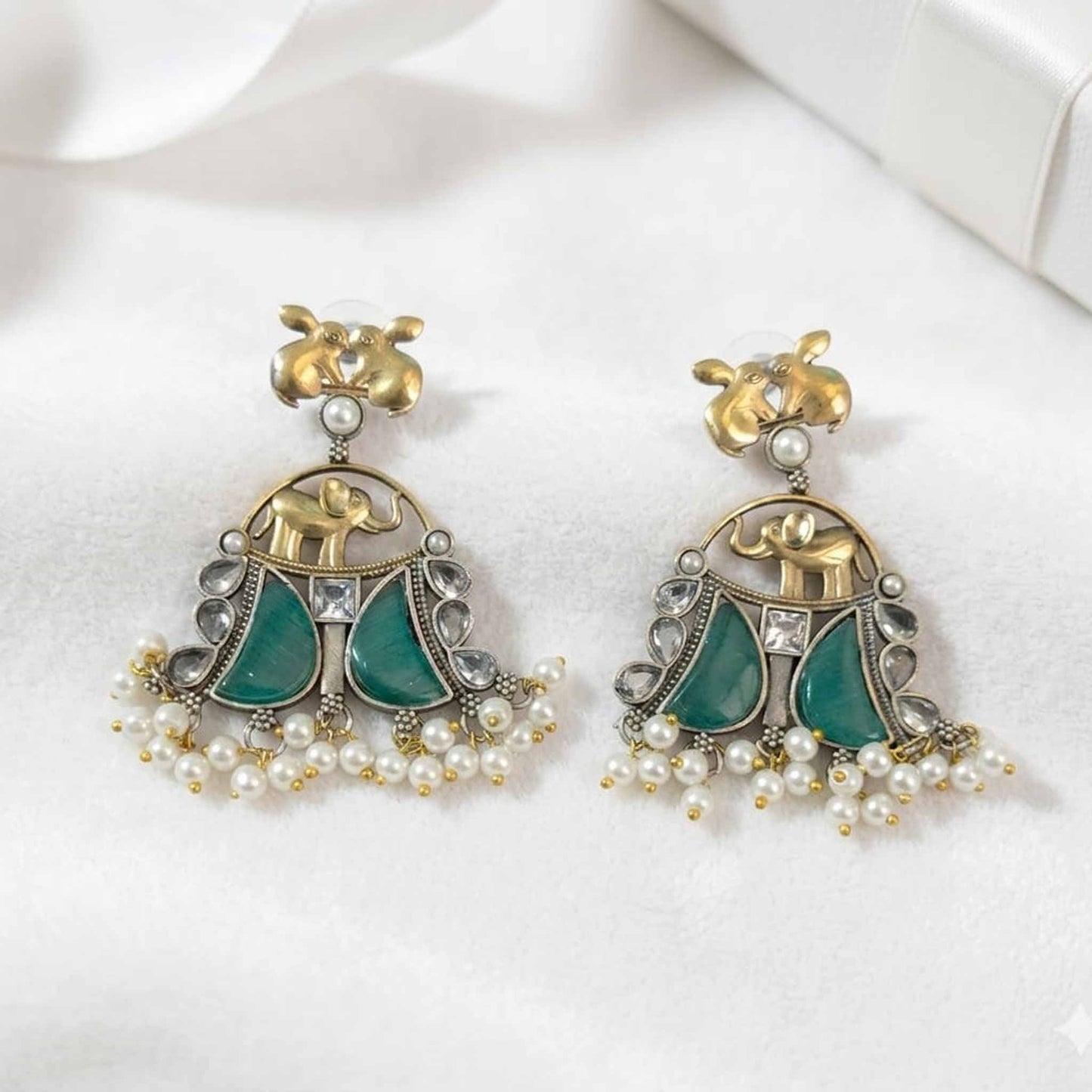 Royal Elephant Motif Pearl Drop Statement Earrings