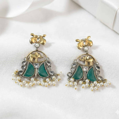 Royal Elephant Motif Pearl Drop Statement Earrings