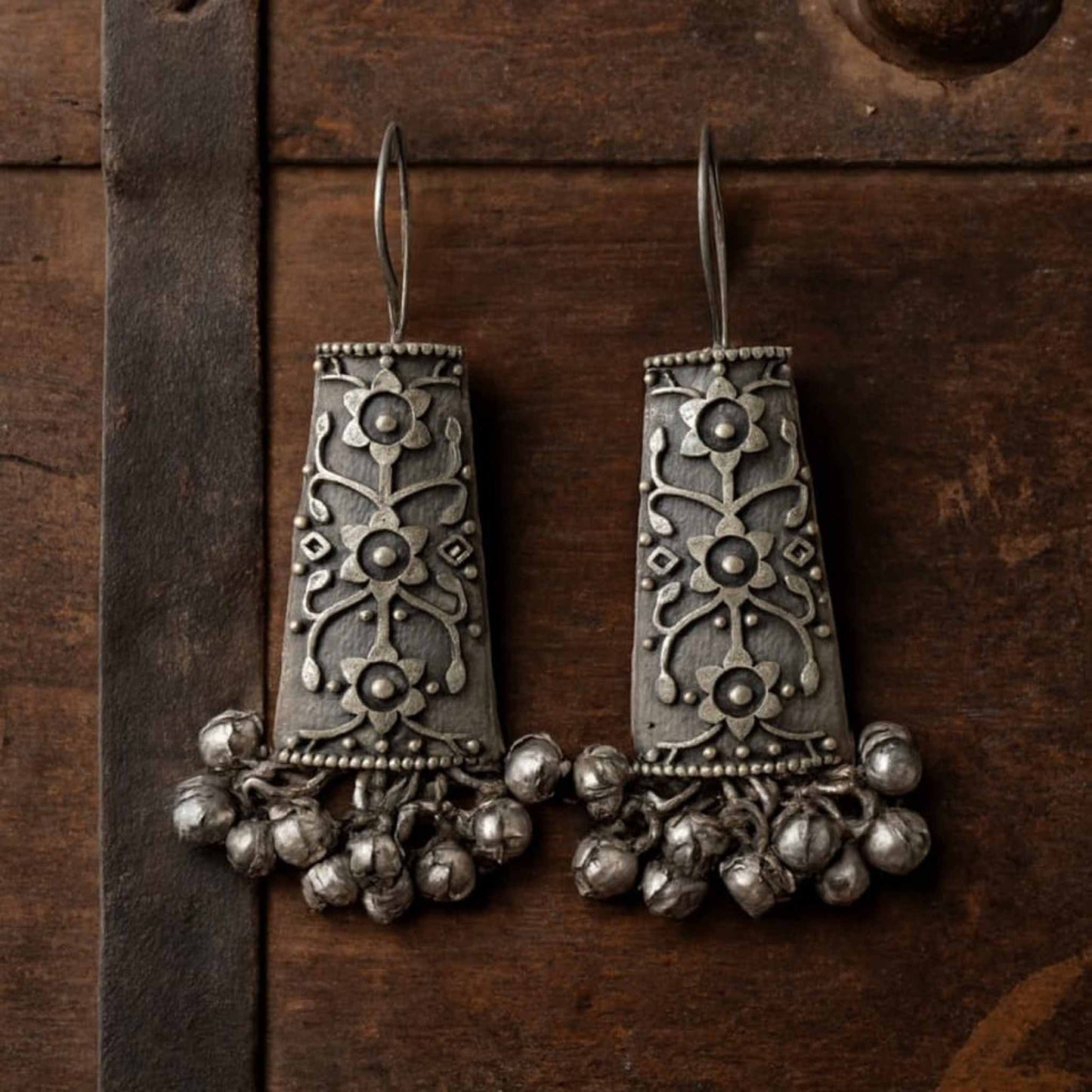 Floral Engraved German Silver Hook Drop Earrings