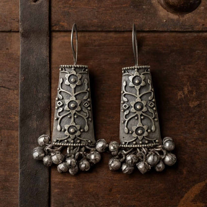 Floral Engraved German Silver Hook Drop Earrings
