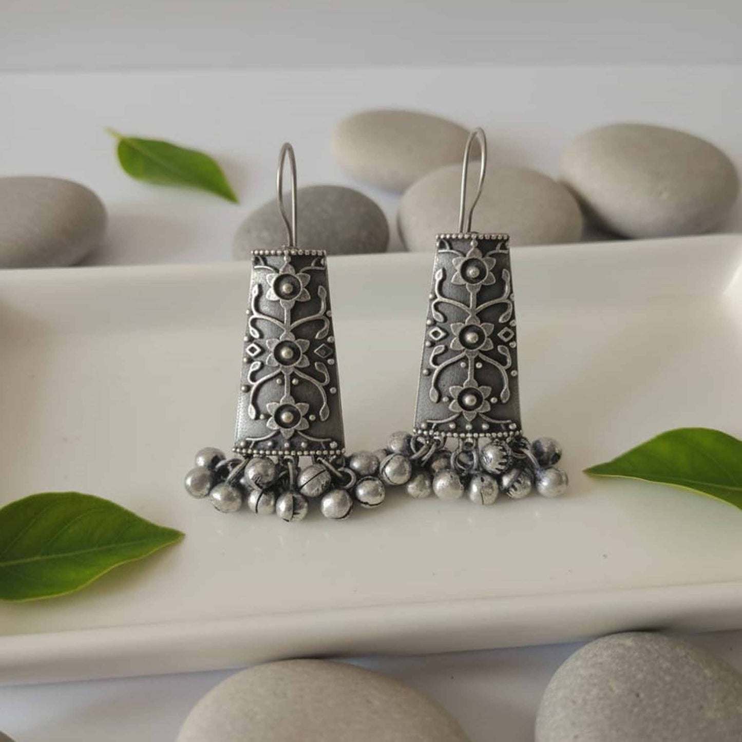 Floral Engraved German Silver Hook Drop Earrings