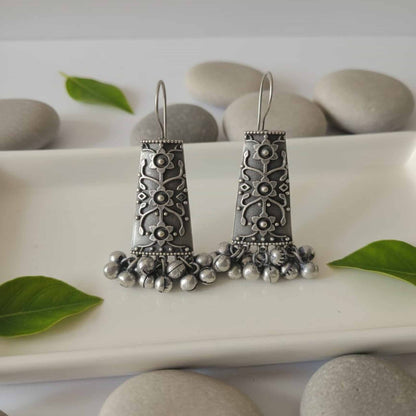 Floral Engraved German Silver Hook Drop Earrings
