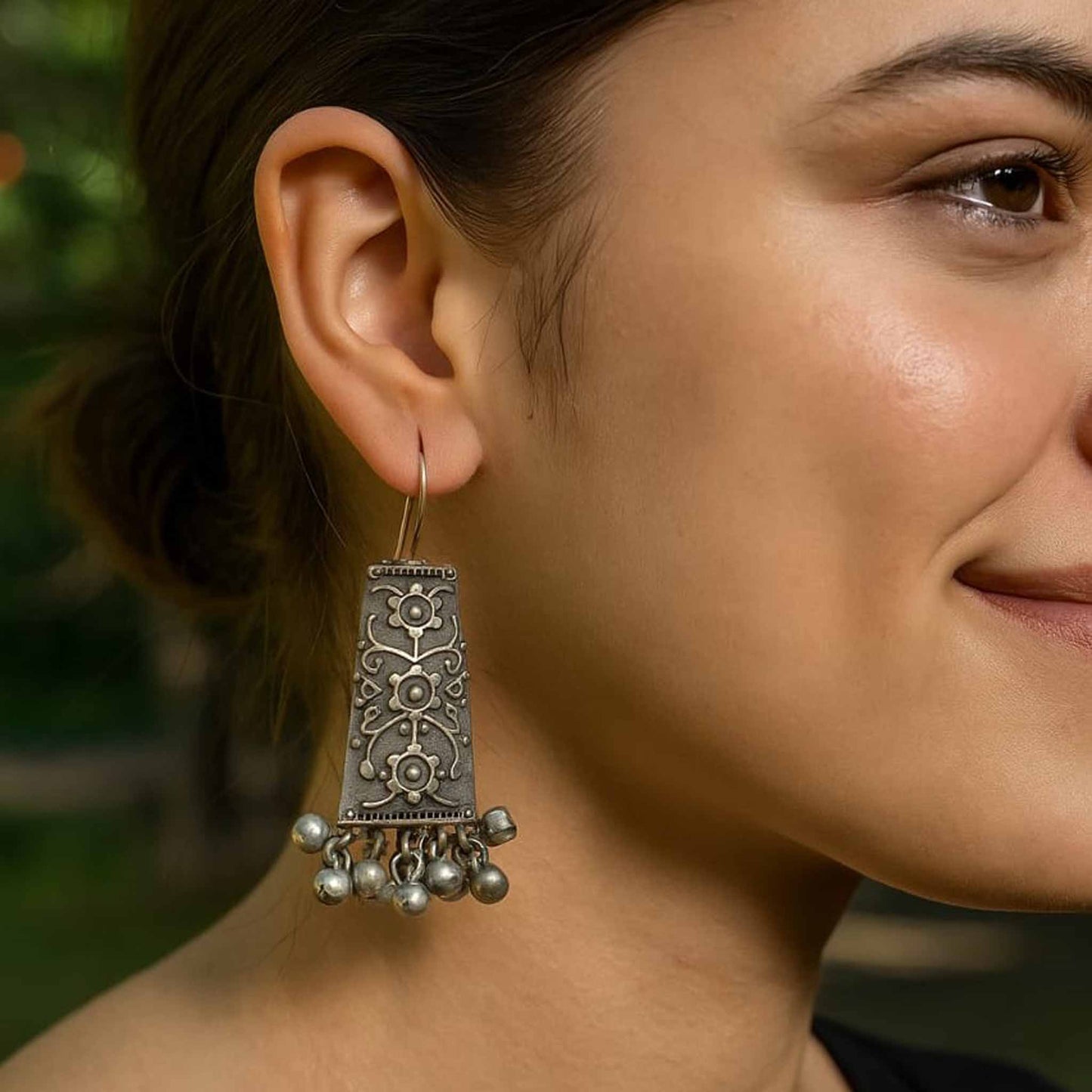 Floral Engraved German Silver Hook Drop Earrings
