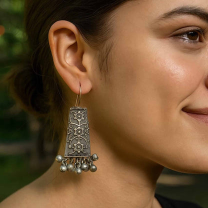 Floral Engraved German Silver Hook Drop Earrings