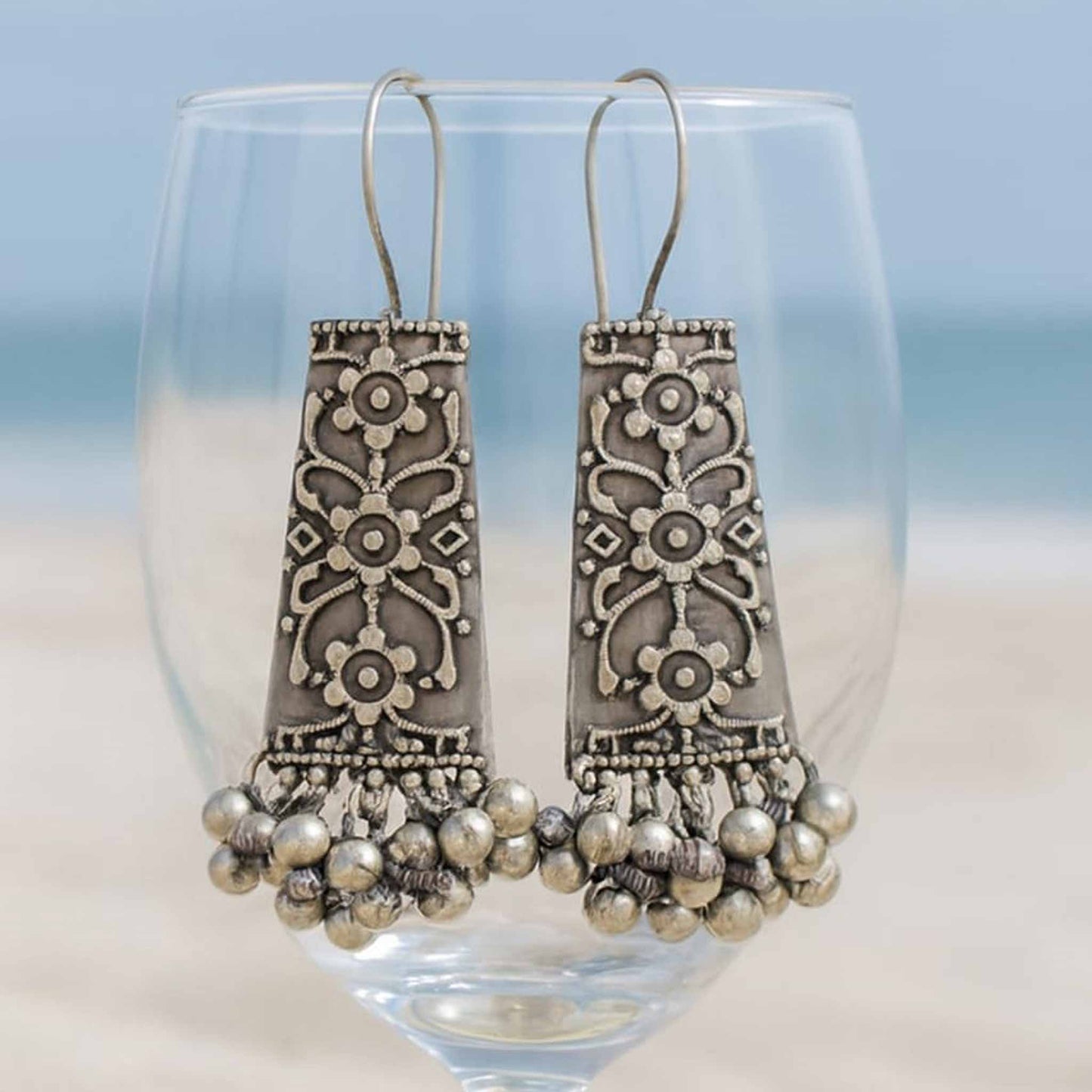 Floral Engraved German Silver Hook Drop Earrings
