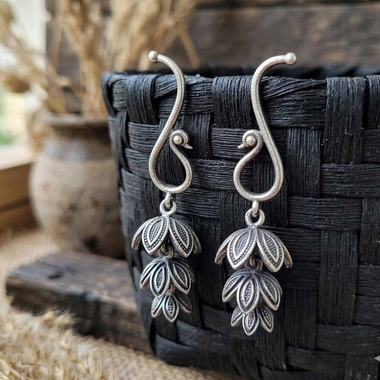 Leaf Motif Antique Drop Earrings for Women