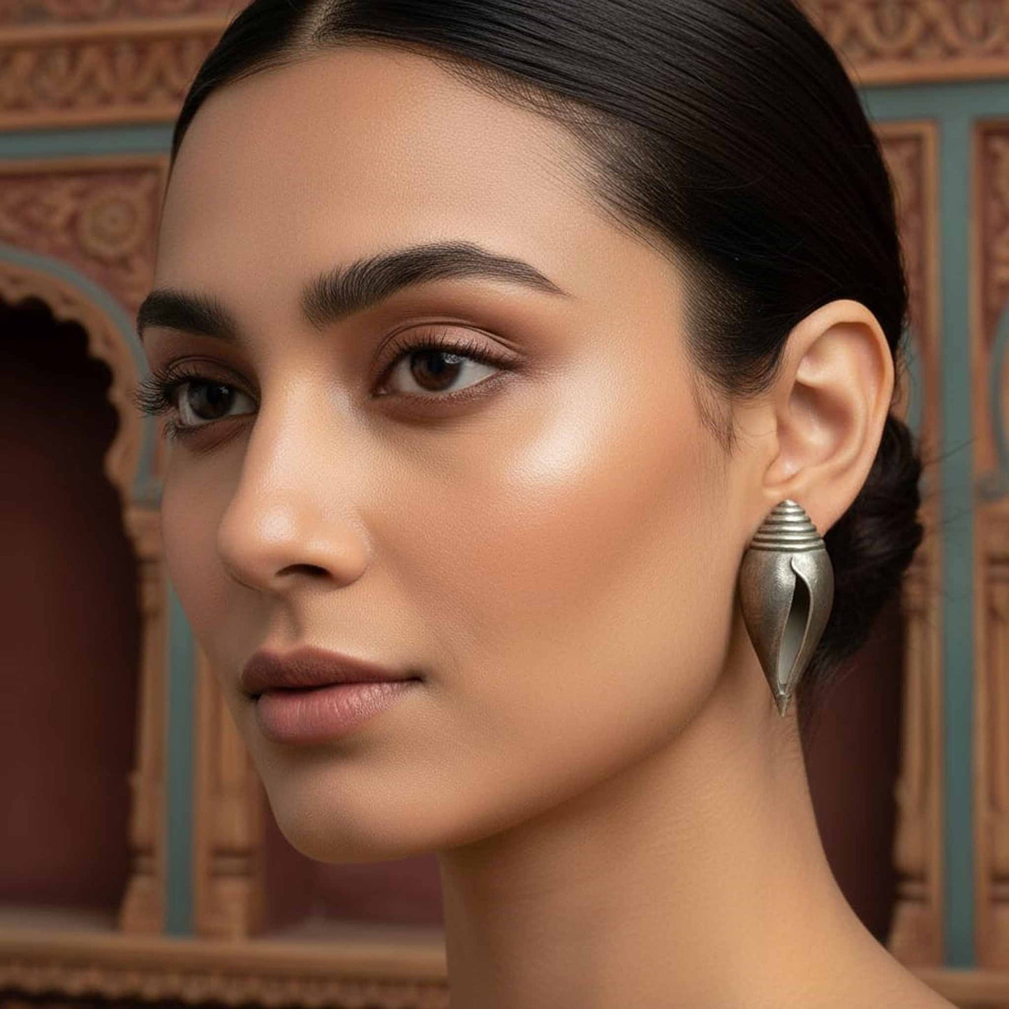 Shankh Design German Silver Stud Earrings for Women