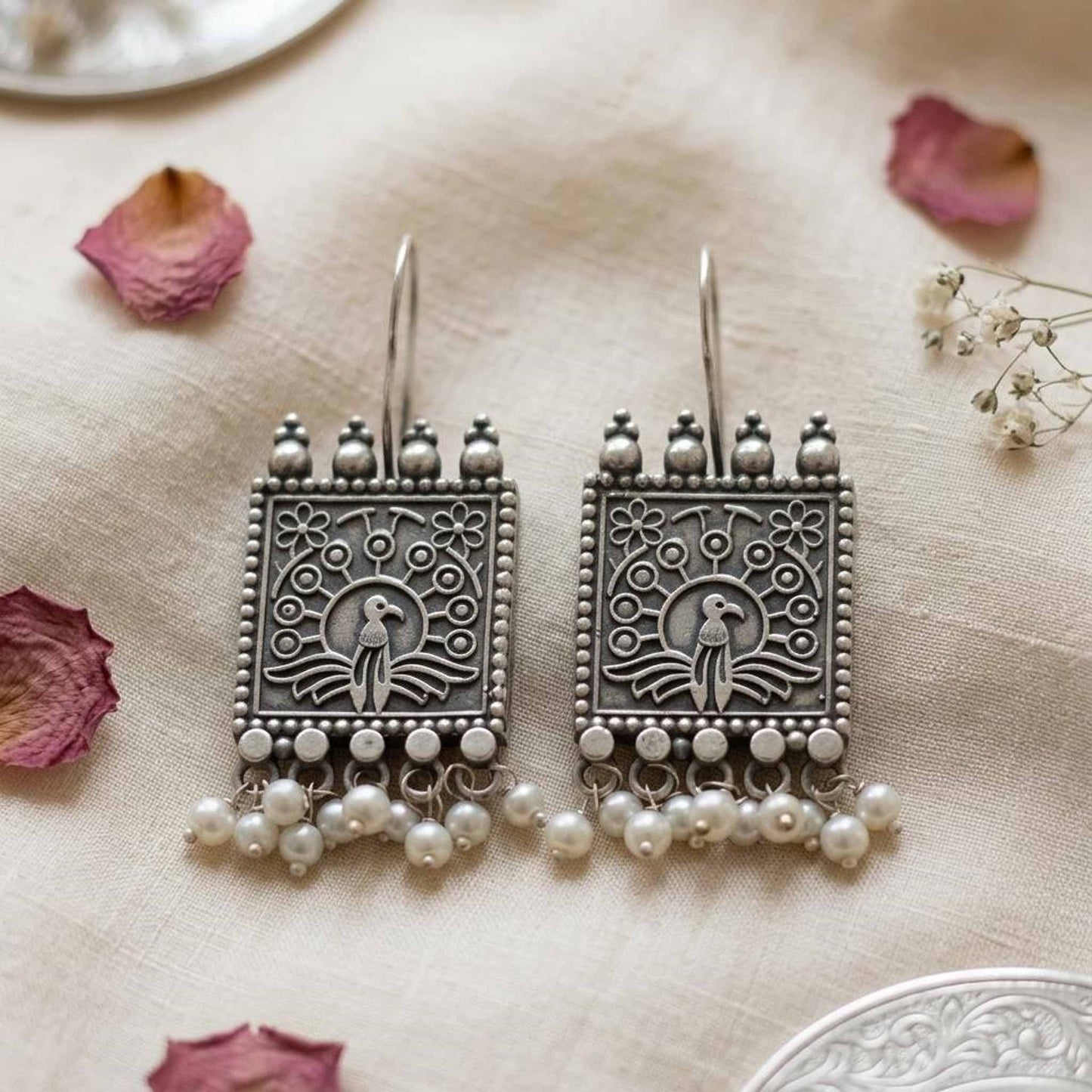Peacock Pearl Square German Silver Earrings