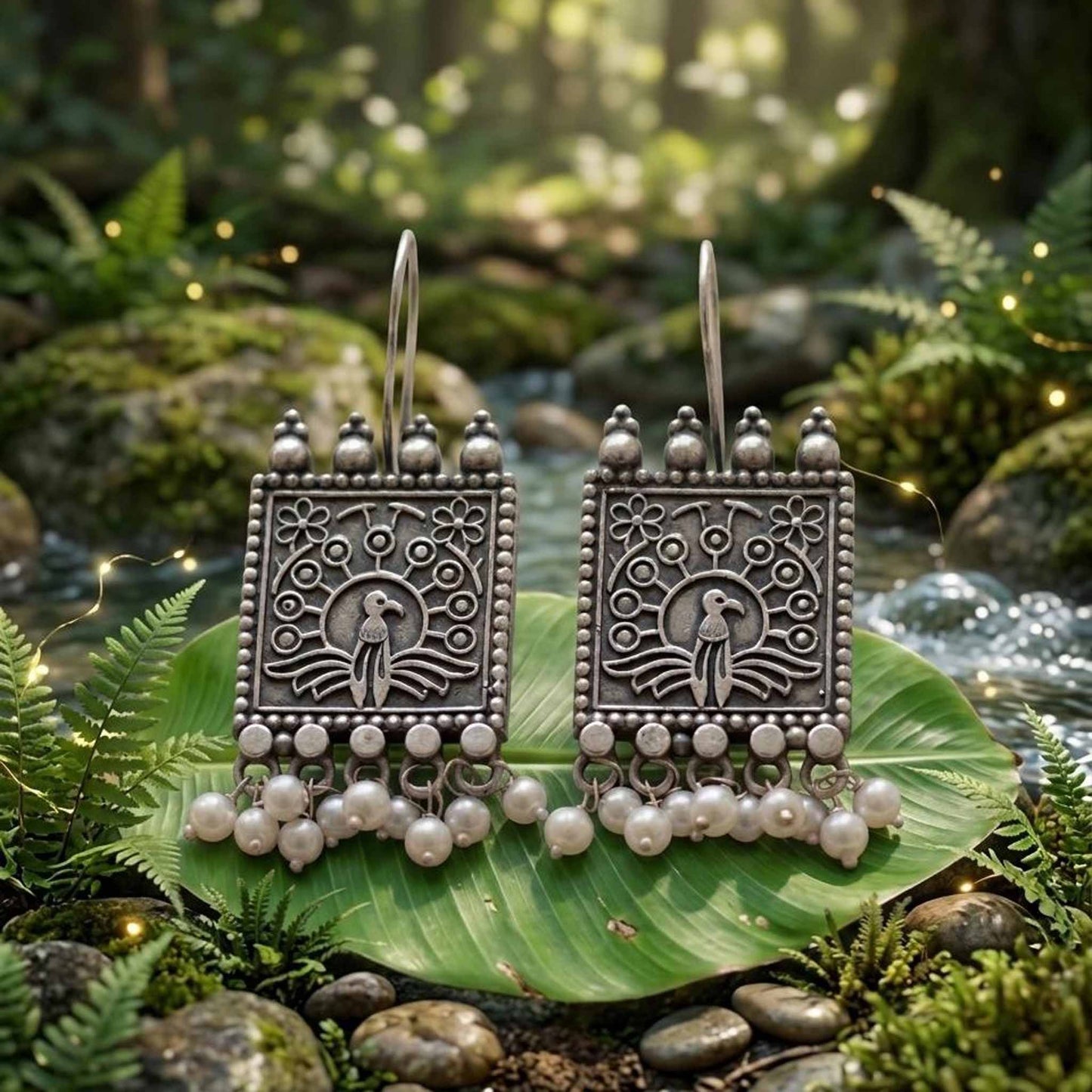 Peacock Pearl Square German Silver Earrings