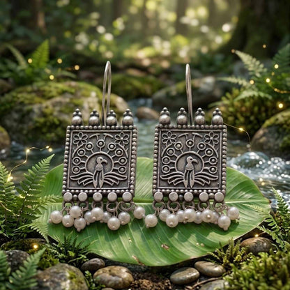Peacock Pearl Square German Silver Earrings