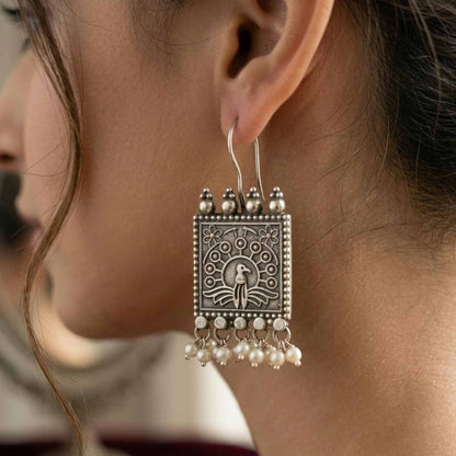 Peacock Pearl Square German Silver Earrings