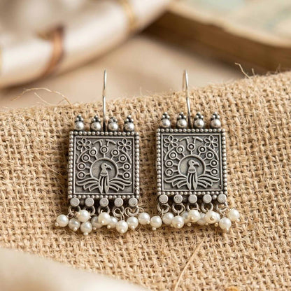 Peacock Pearl Square German Silver Earrings