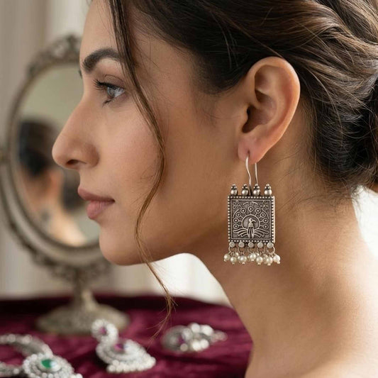 Peacock Pearl Square German Silver Earrings