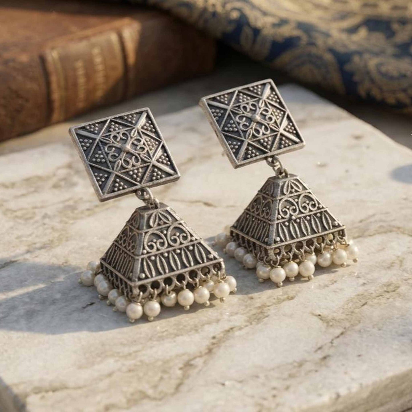 Tribal Square Pearl Jhumka Earrings