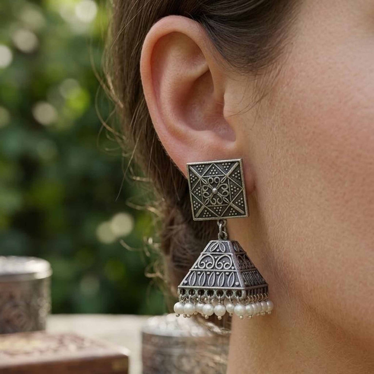 Tribal Square Pearl Jhumka Earrings