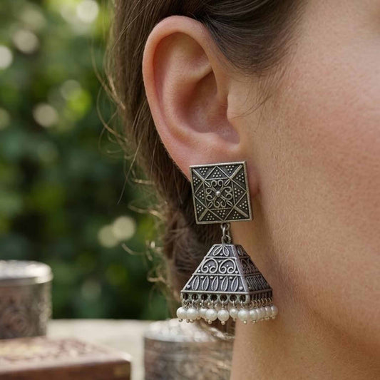Tribal Square Pearl Jhumka Earrings
