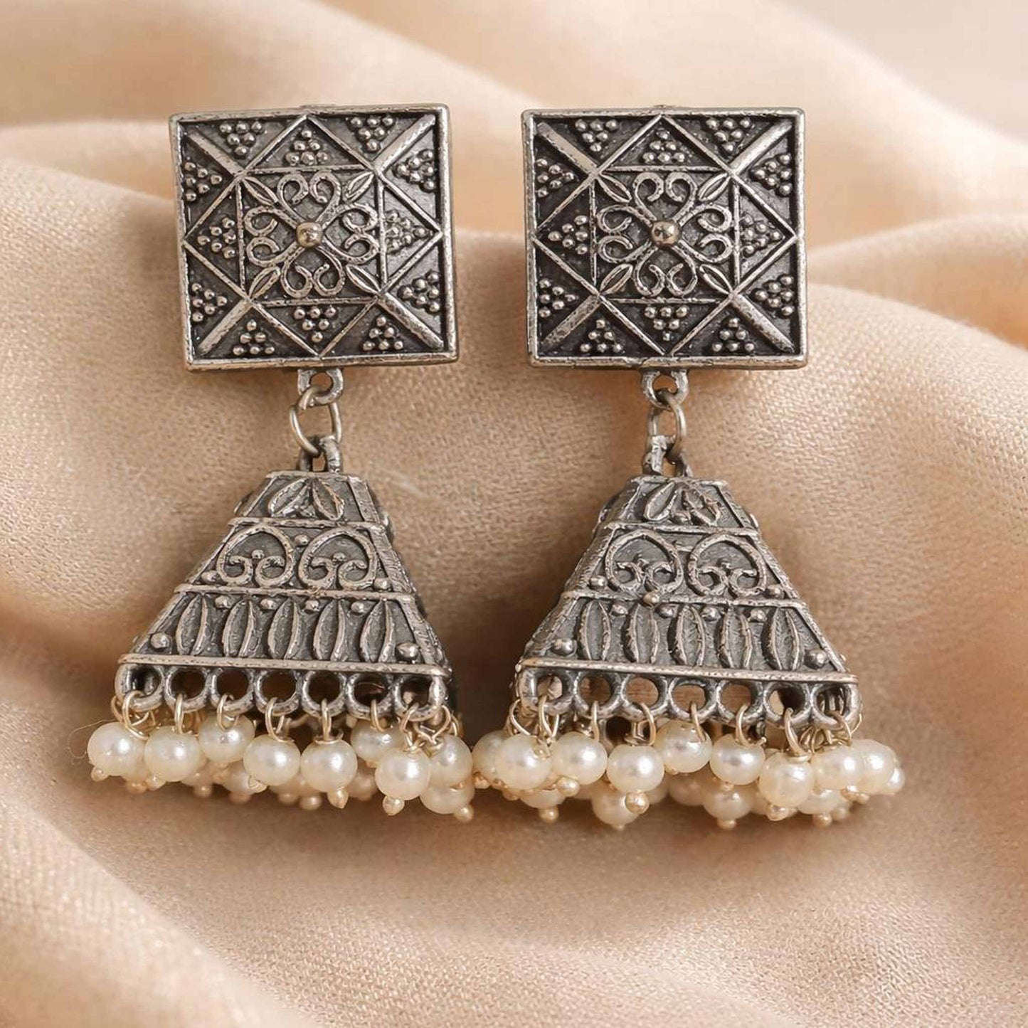 Tribal Square Pearl Jhumka Earrings