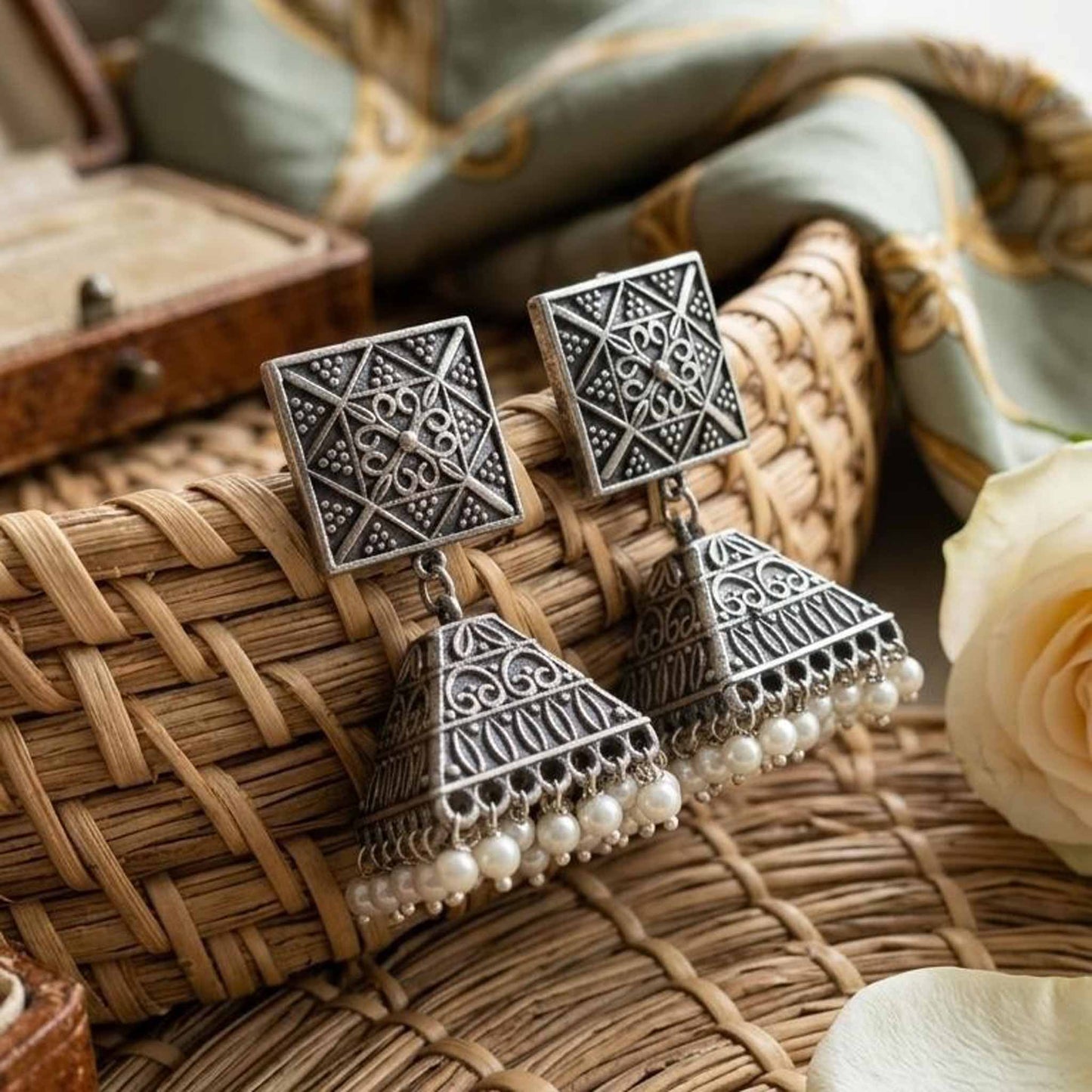 Tribal Square Pearl Jhumka Earrings