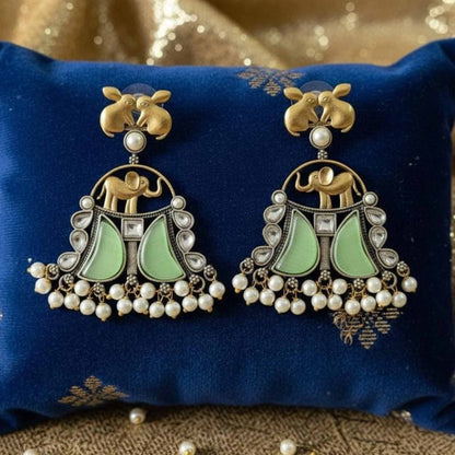 Royal Elephant Motif Pearl Drop Statement Earrings
